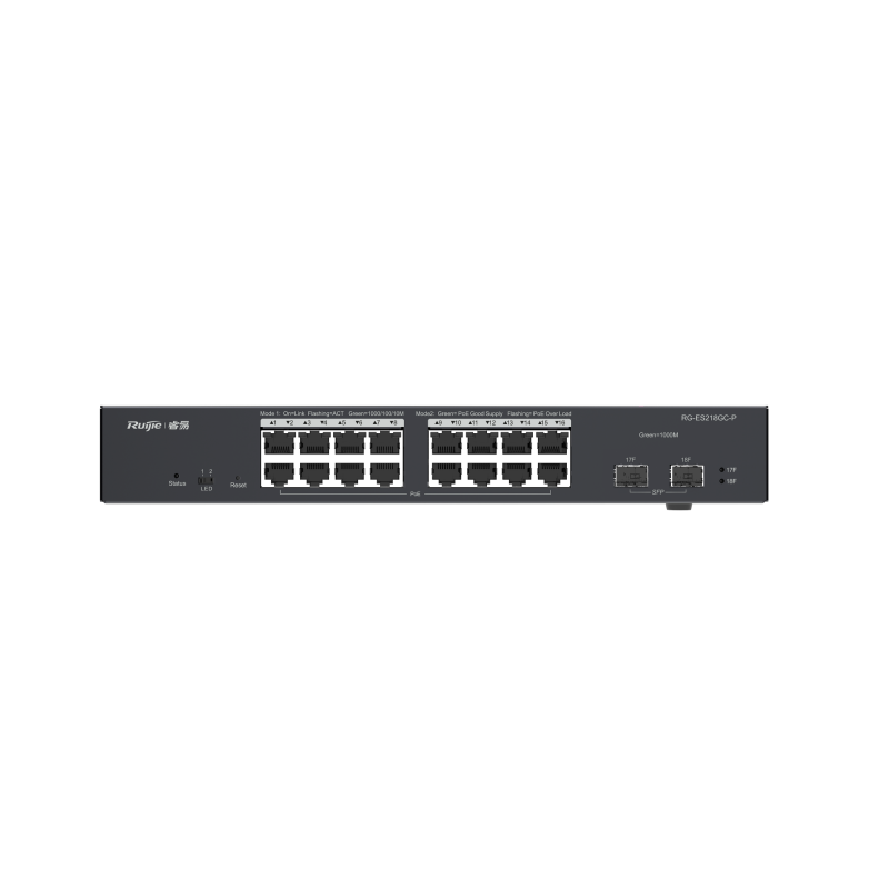 Switch L2 Administrable PoE con 16 Puertos Gigabit PoE 802.3 AF/AT + 2 SFP para fibra 1Gb, Gestión Gratuita Desde la Nube, 240 Watts