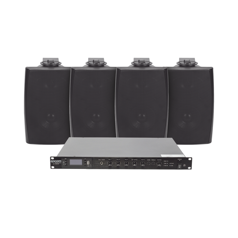 KIT de Amplificador de Audio 120W para Rack | 4 Altavoces de Pared color Negro 2.5W - 20W | Sistema