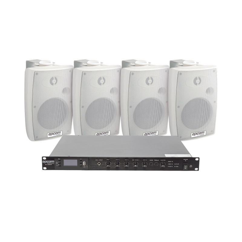 KIT de Amplificador de Audio 120W para Rack | 4 Altavoces de Pared color Blanco 2.5W - 20W | Sistema 70/100V