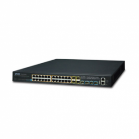 Switch Administrable L3 Stacking 10/100/1000T 24 puertos PoE802.3at, 4 puertos 10G SFP+ 370 W