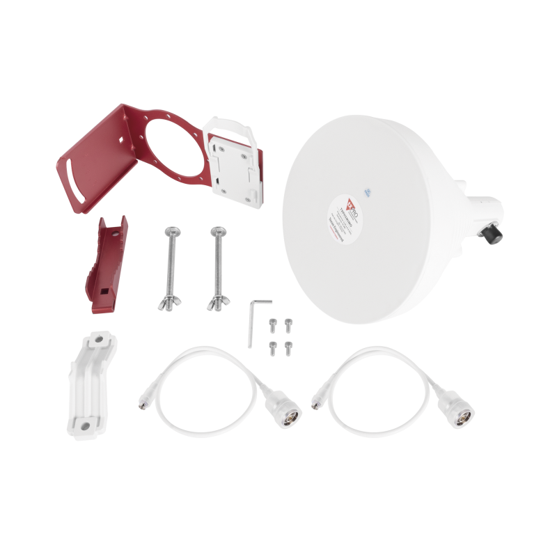 Antena Tipo Horn de 30 °, 19 dBi, 4.9-6.5 GHz, Ideal para ambientes de alto ruido,  Tipo de conector N-Hembra, con montaje y jumpers incluidos 