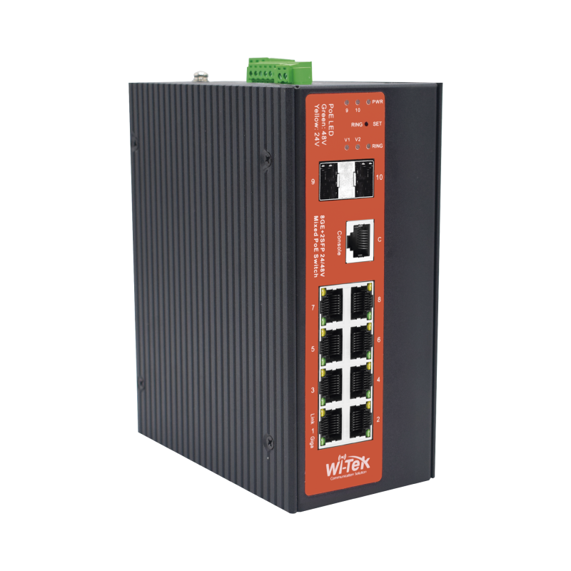 Switch Industrial administrable con 2 puertos PoE bt y 6 puertos Gigabit Ethernet con PoE 802.3af/at y 24V Pasivo + 2 SFP